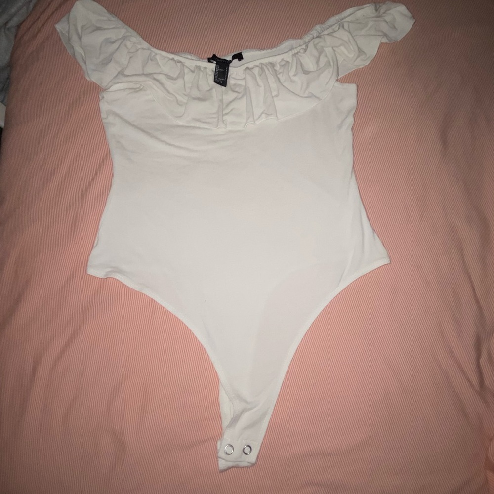 White ruffled flounce Forever 21 bodysuit (s)